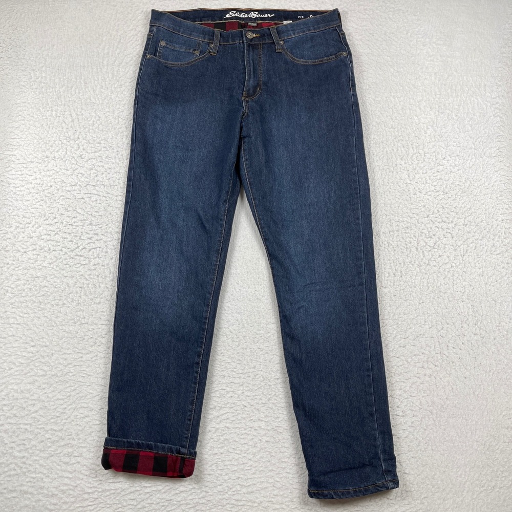 Eddie Bauer Flannel Lined Jeans Mens 32x32 Blue Straight Leg Insulated Denim